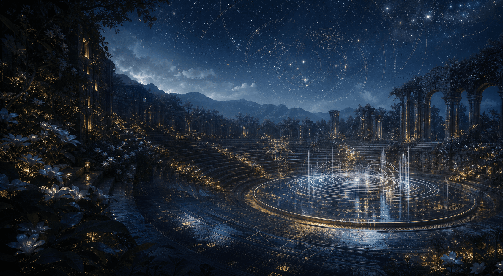 Ancient amphitheater under impossible constellations